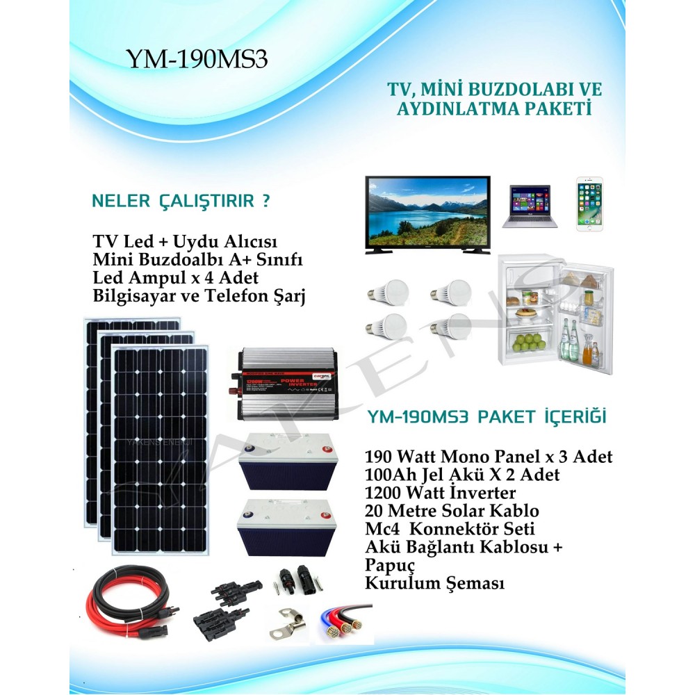 Mini Buzdolabı + Tv + Aydınlatma Monokristal Hazır Solar Paket YM-190MS3 Paket 2